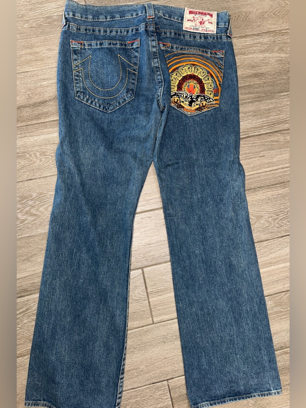 Men’s True Religion Blue Denim Jeans with Colorful Embroidered 36x33